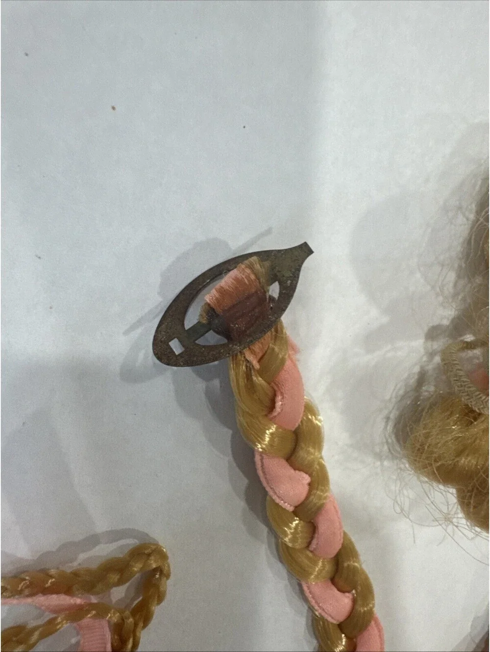 Vintage Barbie Hair Fair Long Blonde Braid with Pink Ribbon and Barrette Clip!